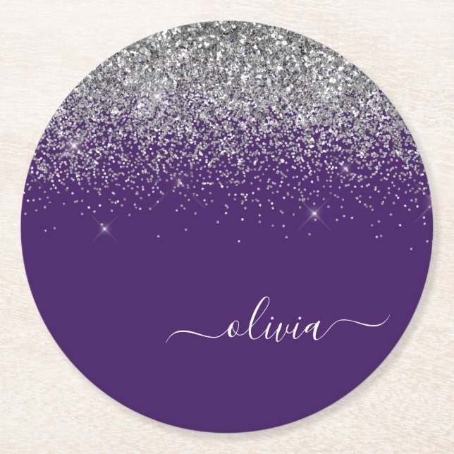 Dessous-de-verre Rond En Papier Nom de monogramme girly pailleté argent violet (Devant)