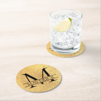 Dessous-de-verre Rond En Papier Nom du monogramme Faux Natural Wood Texture