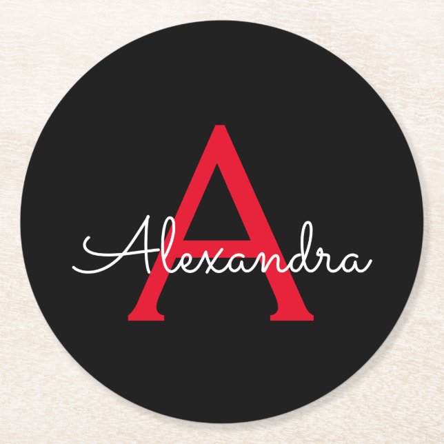 Dessous-de-verre Rond En Papier Nom du monogramme rouge noir de la fille (Devant)