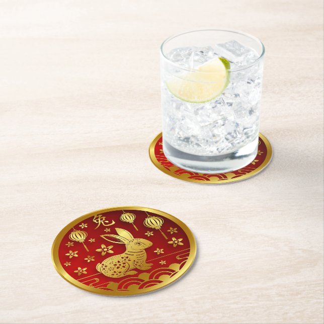 Dessous-de-verre Rond En Papier Nouvel An Chinois 2023 Rabbit Red Gold (En situation)