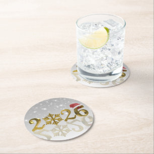 Dessous-de-verre Rond En Papier Nouvelle Année dorée 2026 avec flocon de neige et