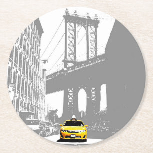 Dessous-de-verre Rond En Papier Ny Nyc New York City Brooklyn Bridge Taxi jaune