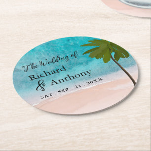 Dessous-de-verre Rond En Papier Ocean Beach Palm Tree Mariage