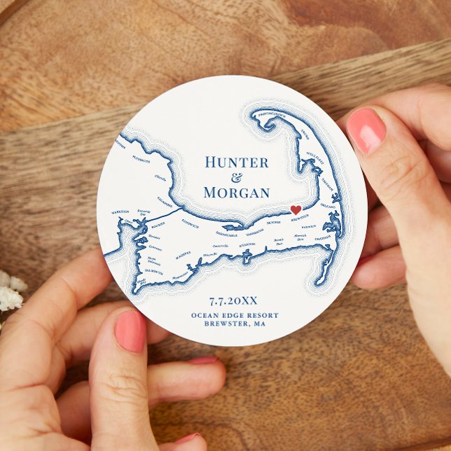 Dessous-de-verre Rond En Papier Ocean Edge Brewster MA Cape Cod Mariage (Brewster MA Ocean Edge Resort Cape Cod Map Wedding Favor Coaster in elegant navy blue)