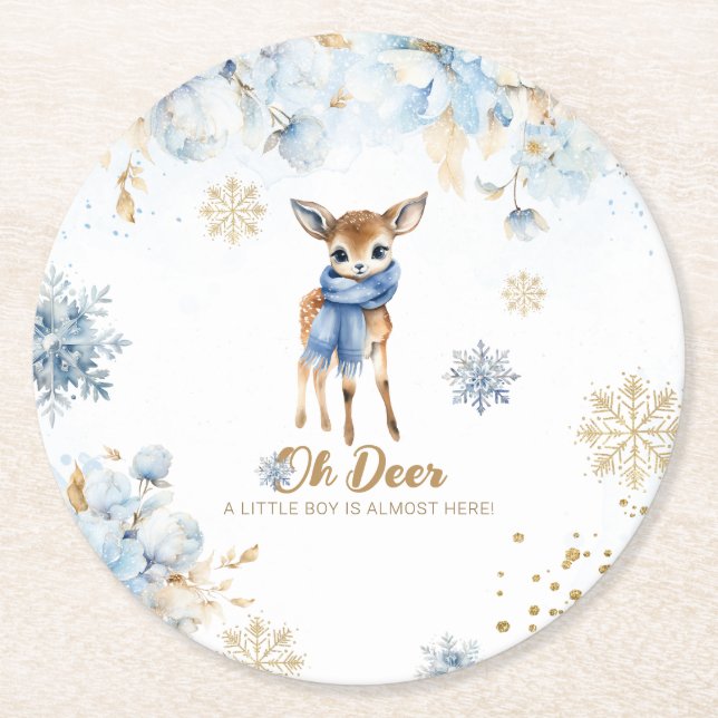 Dessous-de-verre Rond En Papier Oh Deer Winter Baby Boy Douche (Devant)
