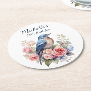 Dessous-de-verre Rond En Papier Oiseau Bleu Fleurs Roses 75e Anniversaire