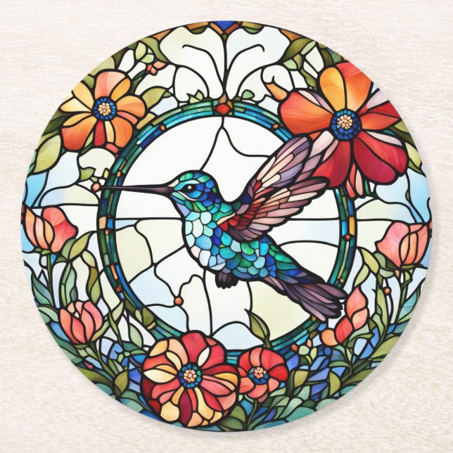 Dessous-de-verre Rond En Papier Oiseau de colibri Faux en verre tendu (Devant)