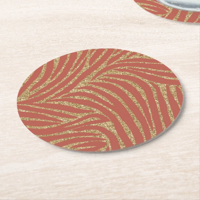 Dessous-de-verre Rond En Papier Orange Spice Gold Parties scintillant Zebra Annive (Incliné)