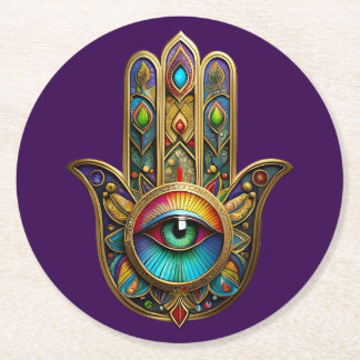 Dessous-de-verre Rond En Papier Ornate Gold Colorful Hamsa Green on Red Third Eye