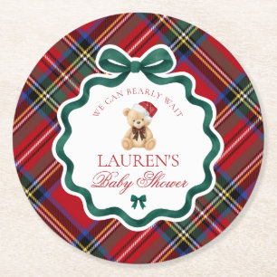 Dessous-de-verre Rond En Papier Ours à carreaux tartan rouge pour Baby Shower de N