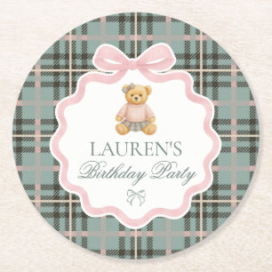 Dessous-de-verre Rond En Papier Ours à nœud papillon rose Coquette Plaid Anniversa