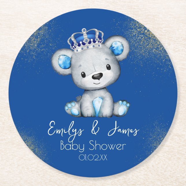 Dessous-de-verre Rond En Papier Ours Baby shower Prince Sparkly Blue Boys (Devant)