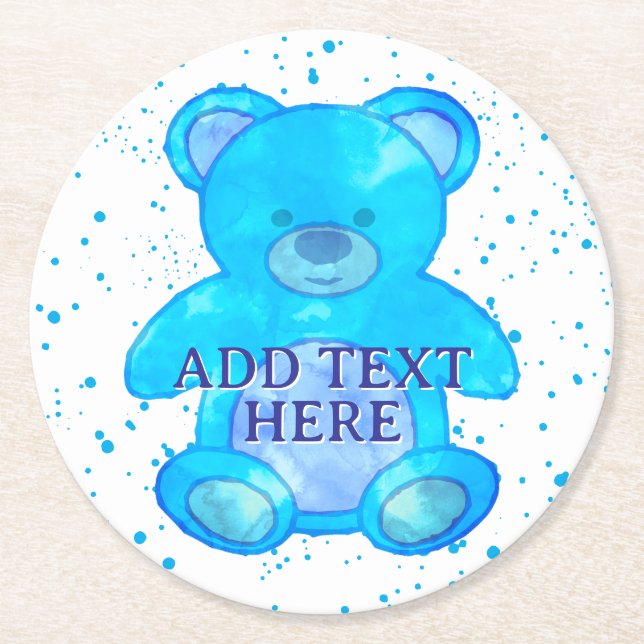 Dessous-de-verre Rond En Papier Ours Bébé Cute En Bleu Texte Personnalisé (Devant)