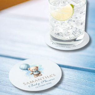 Dessous-de-verre Rond En Papier Ours en peluche mignonne avec Ballons Bleu Baby Bo