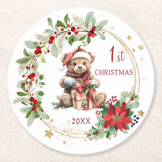 Dessous-de-verre Rond En Papier Ours Poinsettia Foliage Baby's First Christmas (Devant)