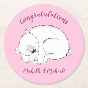 Dessous-de-verre Rond En Papier Ours polaire Baby shower fille rose
