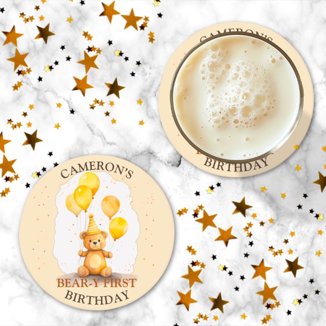 Dessous-de-verre Rond En Papier Ours Premier anniversaire Sexe Ours jaune neutre (Créateur téléchargé)