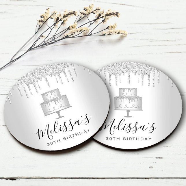 Dessous-de-verre Rond En Papier Paillettes de gâteau argentées gouttes élégantes f (Créateur téléchargé)