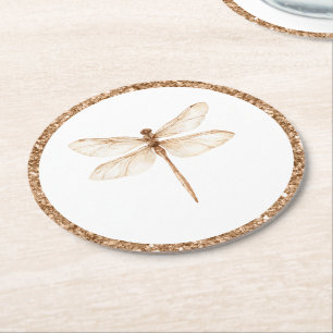 Dessous-de-verre Rond En Papier Paillettes Faux Or Libellule Blanche Anniversaire