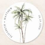 Dessous-de-verre Rond En Papier Palm Tree Tropical | Mariage minimal<br><div class="desc">Plages de sable et brise chaude sont ce que ce design est tout. Célébrez votre thème de mariage tropical avec notre design simple et minimal de palmiers. Ce design est entièrement personnalisable et les couleurs peuvent être changées à votre goût.</div>