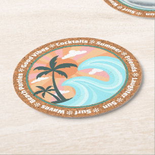 Dessous-de-verre Rond En Papier Palmiers Tropicaux Hawaiiens Sur Faux Cork