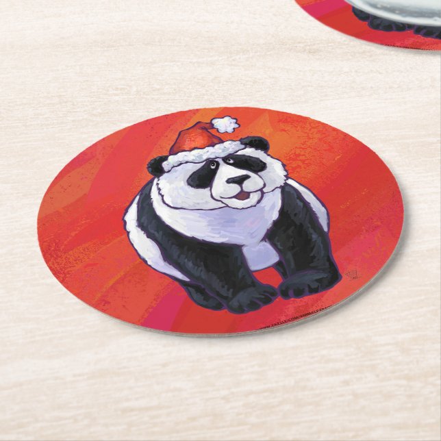 Dessous-de-verre Rond En Papier Panda Ours Noël Rouge (Incliné)