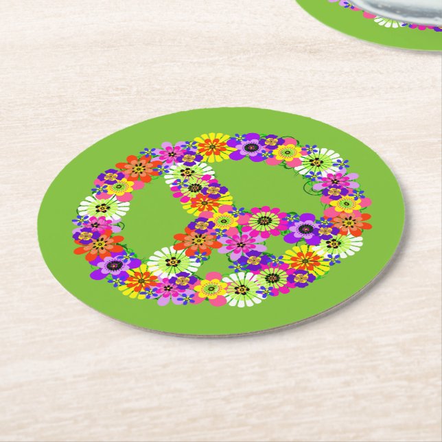 Dessous-de-verre Rond En Papier Panneau de paix Floral sur Lime Green (Incliné)