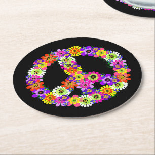 Dessous-de-verre Rond En Papier Panneau de paix Floral sur noir