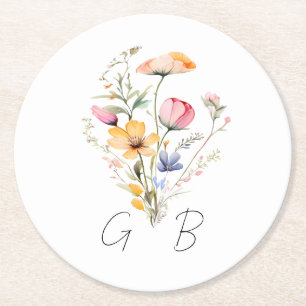 Dessous-de-verre Rond En Papier Papier Peint Fleur de Prairie Monogramme Mariage A