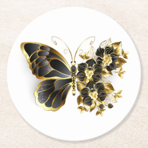 Dessous-de-verre Rond En Papier Papillon à fleurs d'or avec orchidée noire