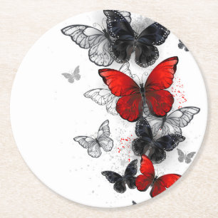 Dessous-de-verre Rond En Papier Papillons Morpho Noirs et Rouges en Vol