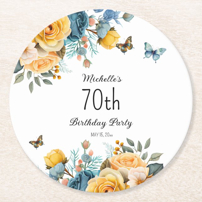 Dessous-de-verre Rond En Papier Papillons Rose Dusty Jaune 70e anniversaire (Devant)