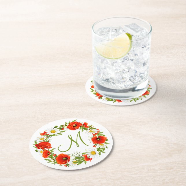 Dessous-de-verre Rond En Papier Papillons rouges Marguerites jaunes blancs Fleur W (En situation)