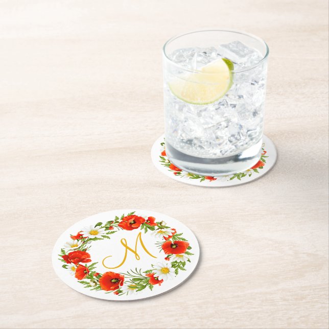 Dessous-de-verre Rond En Papier Papillons rouges Marguerites jaunes blancs Fleur W (En situation)