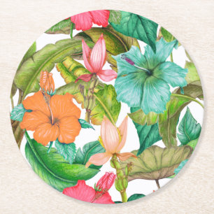 Dessous-de-verre Rond En Papier Paradis tropical Hibiscus hawaïen modèle floral