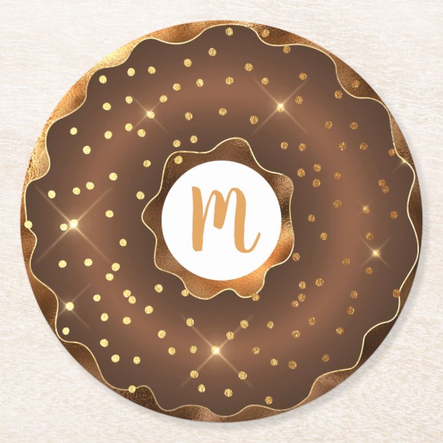 Dessous-de-verre Rond En Papier Parties scintillant d'or chocolat beignet monogram (Devant)