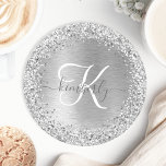 Dessous-de-verre Rond En Papier Parties scintillant en métal brossé argenté Nom du<br><div class="desc">Personnalisez facilement ce design dessous de verre tendance avec une jolie parties scintillant brillante argentée sur un arrière - plan métallique brossé en argent.</div>