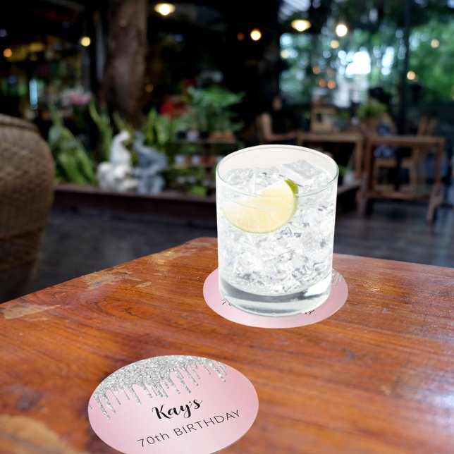 Dessous-de-verre Rond En Papier Parties scintillant rose argent gouttes nom annive (Créateur téléchargé)