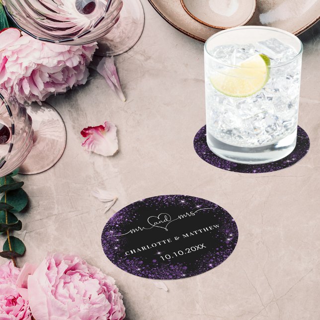 Dessous-de-verre Rond En Papier Parties scintillant violet noir m mme coeur mariag (Créateur téléchargé)