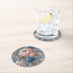 Dessous-de-verre Rond En Papier Pastel Victorien Bleu Et Fleurs Roses