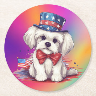 Dessous-de-verre Rond En Papier Patriotique 4 juillet Blanc Chiot Mignon-43568