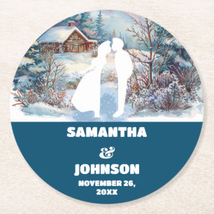 Dessous-de-verre Rond En Papier Paysage de mariage en forêt hivernale bleue