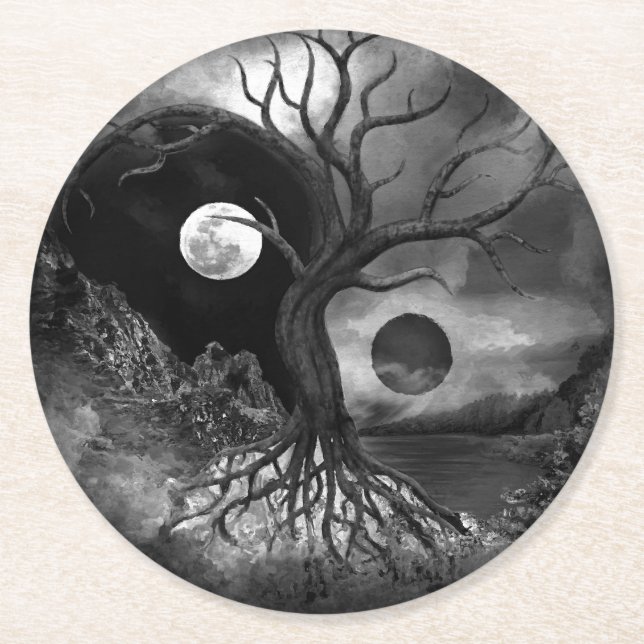 Dessous-de-verre Rond En Papier Paysage de Yin Yang Tree noir et blanc (Devant)