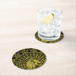 Dessous-de-verre Rond En Papier Peacock Gold Art Nouveau