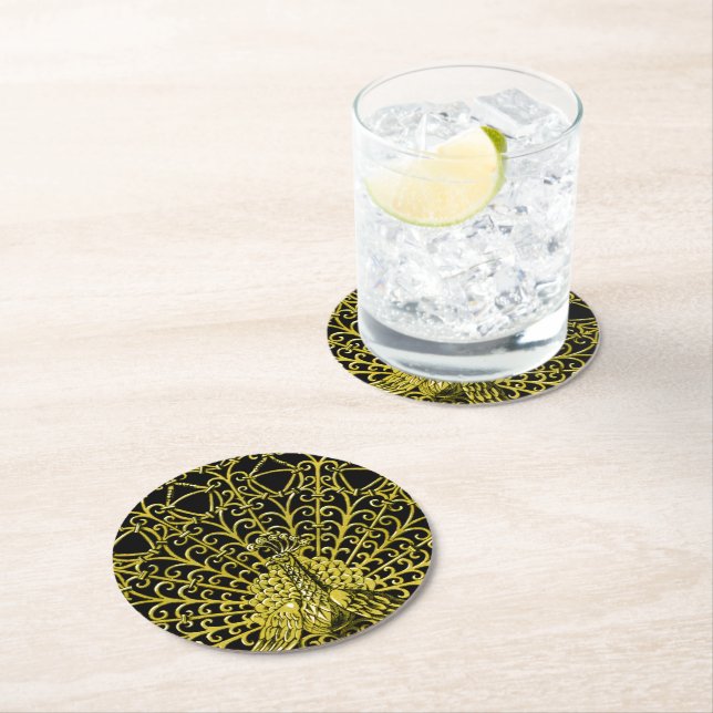 Dessous-de-verre Rond En Papier Peacock Gold Art Nouveau (En situation)