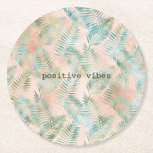 Dessous-de-verre Rond En Papier Pêcher Aqua Green Feuilles tropicaux (Devant)