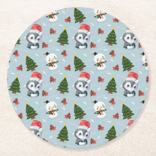 Dessous-de-verre Rond En Papier Penguin Père Noël Joyeux Joyeux motif d'arbre de N