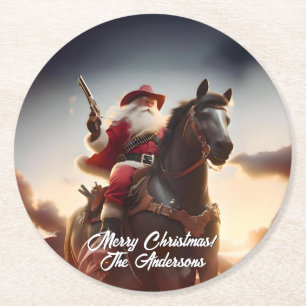 Dessous-de-verre Rond En Papier Père Noël tireur à l'ouest à cheval Noël