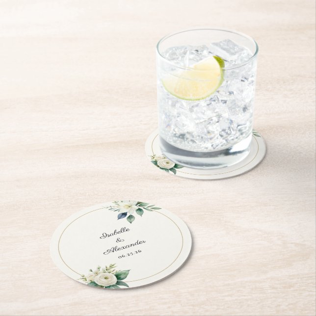 Dessous-de-verre Rond En Papier Personalized Botanical White Floral Wedding (En situation)