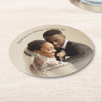 Dessous-de-verre Rond En Papier Personalized Photo Favor with Names & Wedding Date